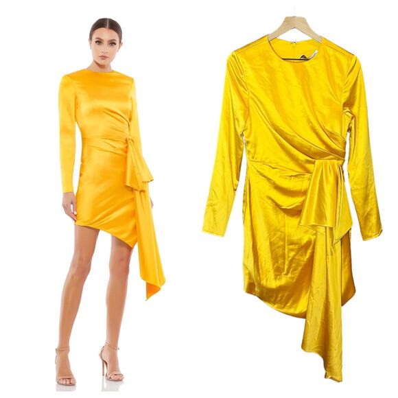 Ieena for Mac Duggal Asymmetrical Draped Long Sleeve Mini Dress - Marigold - 8 - Picture 1 of 10